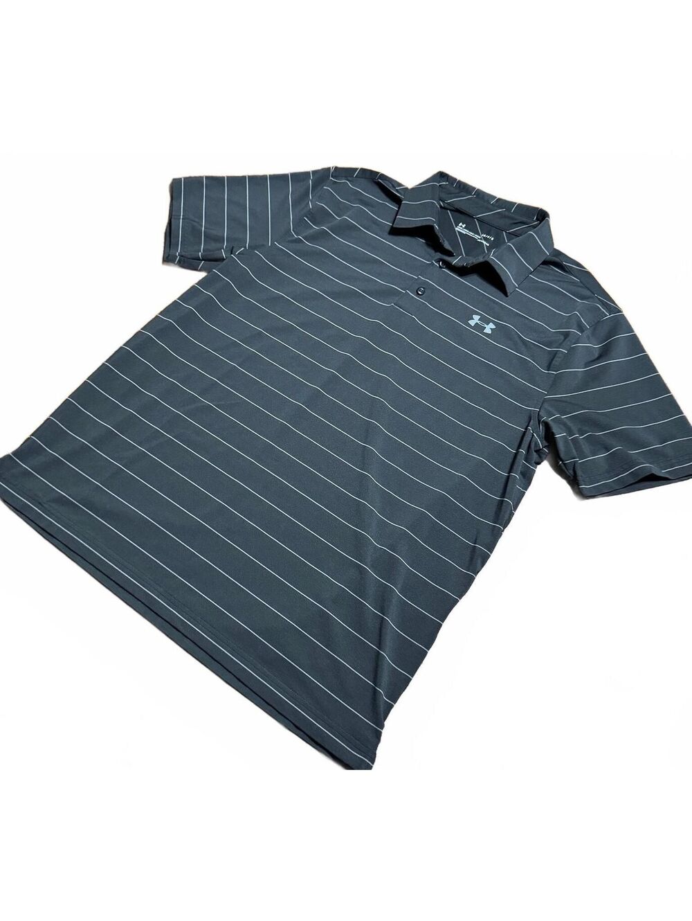 Under Armour Mens HeatGear Polo L Black Gray Striped Loose Fit Golf Shirt